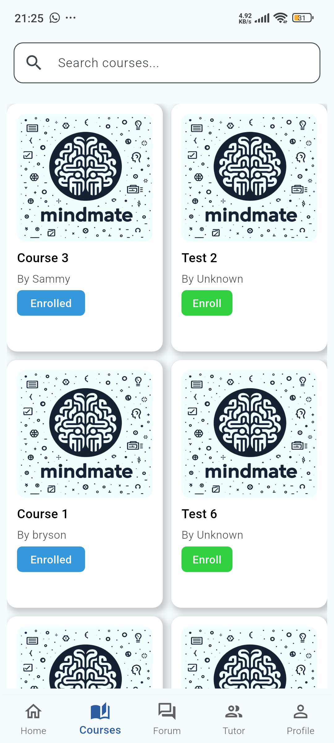 MindMate course browsing and enrollment screen