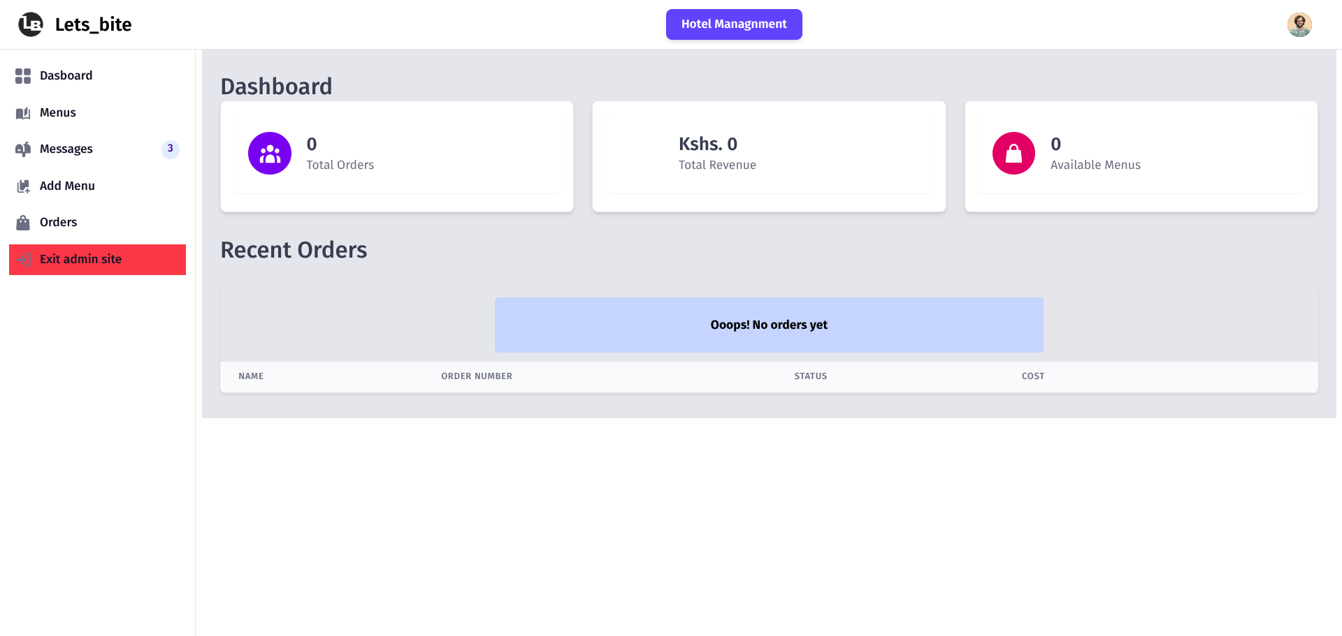 Let's Bite restaurant order management dashboard